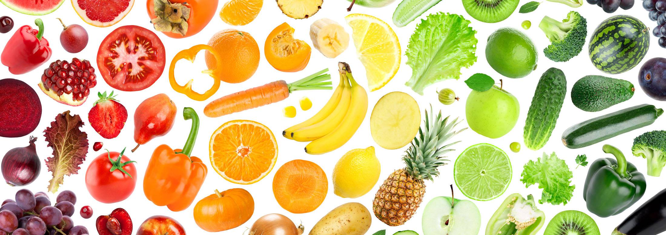 A set of fruits and vegetables on a white background