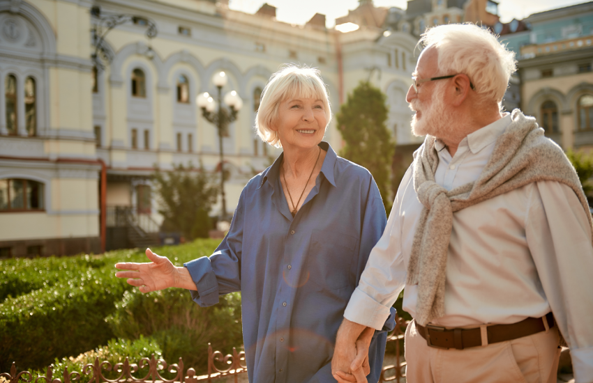 Happy mature couple travelling.